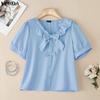 VONDA Women Lapel Neck Short Sleeve Buttons Bow Knot Casual Cropped Blouse Tops