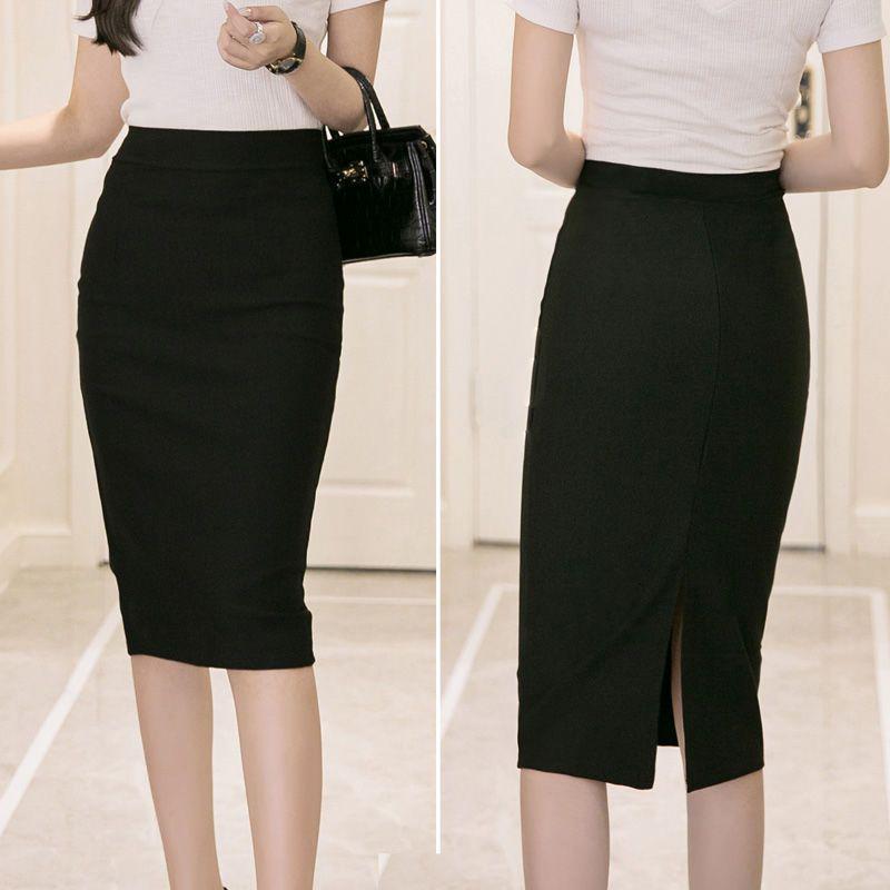 High Waist Slimming Midi Pencil Skirt with Elastic Waistband and Hip-Hugging Slit