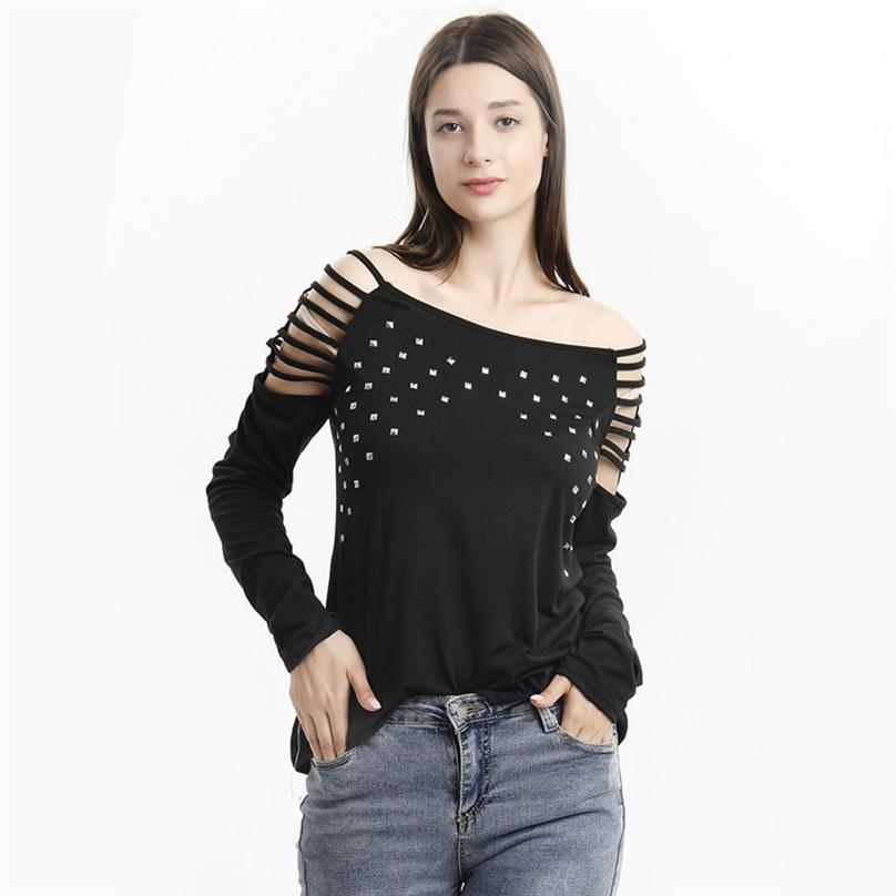 European Style Autumn Fashion Ladies O-neck Cutout Diamond Long-sleeved T-shirt
