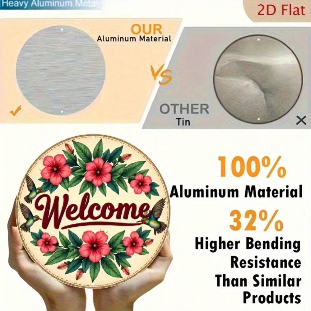 Pink Green Floral Hummingbird Metal Wall Art Welcome Sign Waterproof Aluminum Round Rustic Decor