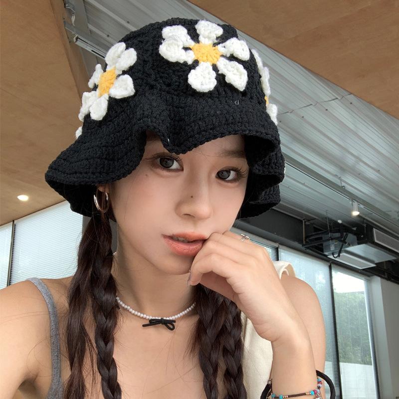 Spring and Autumn Niche Colorful Flowers Hollow Knitted Hat Female Fisherman Hat Big Brim Showing Face Small Sunshade Basin Hat