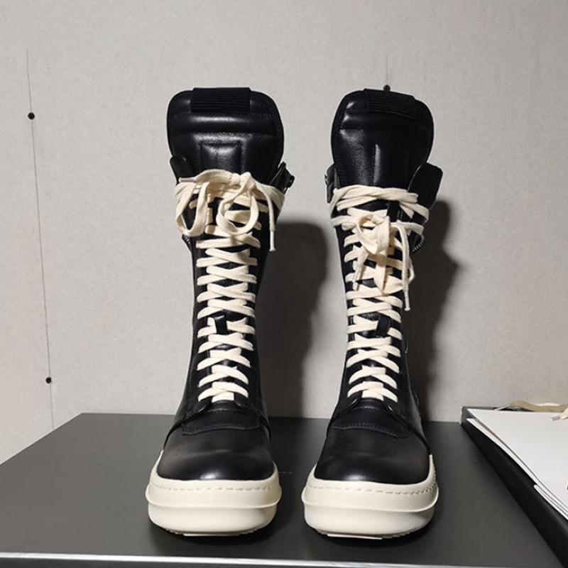 Fashion Trendy Men Women Motorcycle Boots Designer Shoes Pink Black Genuine Leather Unisex Casual Flats Platform High Top Shoes