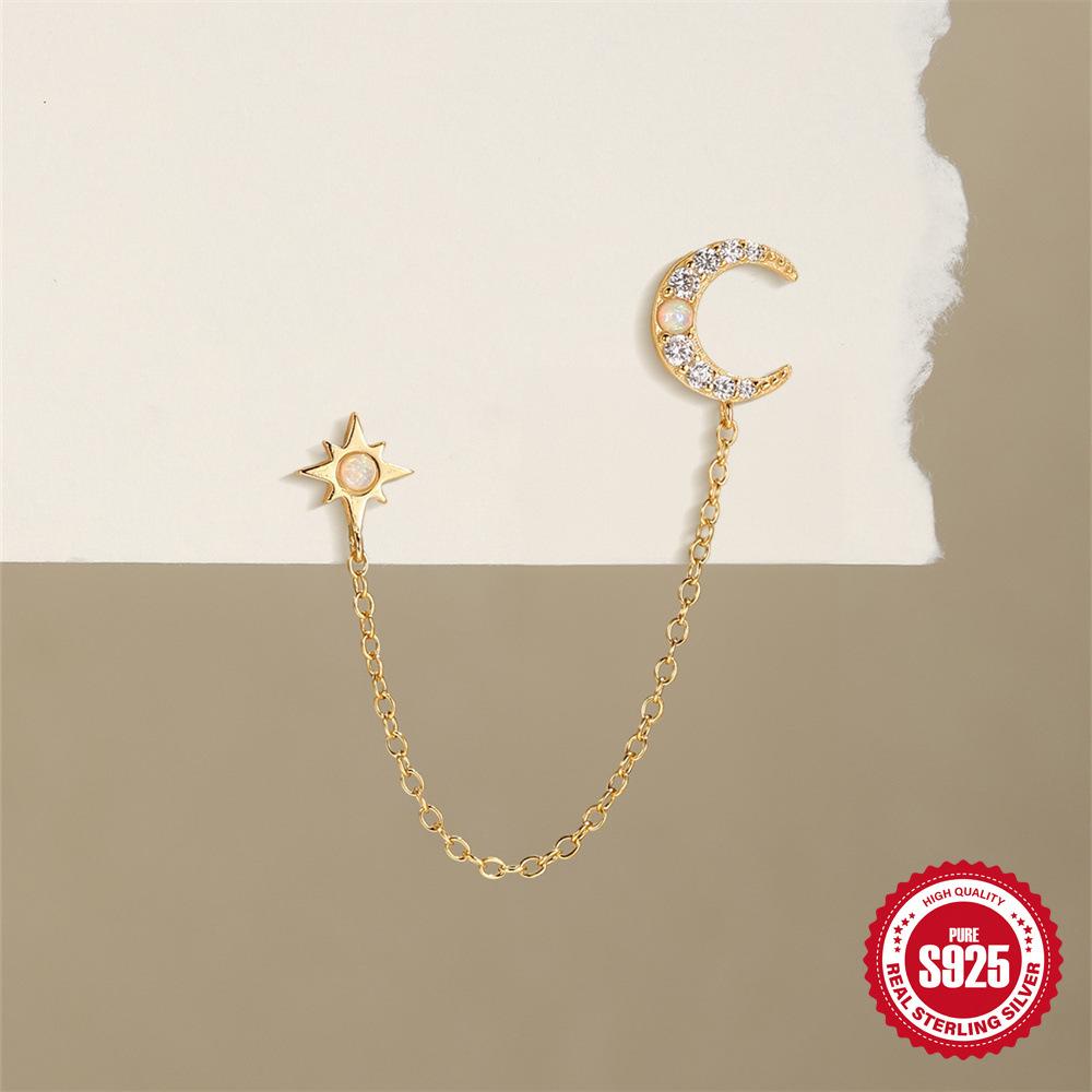 S925 Sterlingsilber Stern und Mond Quasten Zirkon Ohrstecker Damen Nische High-End Opal Kettenohrringe Oktagramm Ohrringe