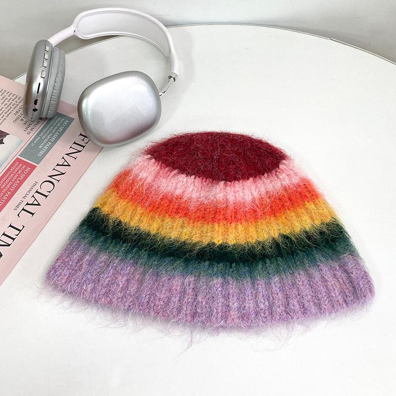 

Japanese Colorful Striped Dopamine Plush Fisherman Hat Women s Autumn and Winter Warm Ear Protection Woolen Hat Niche Basin Hat One Size