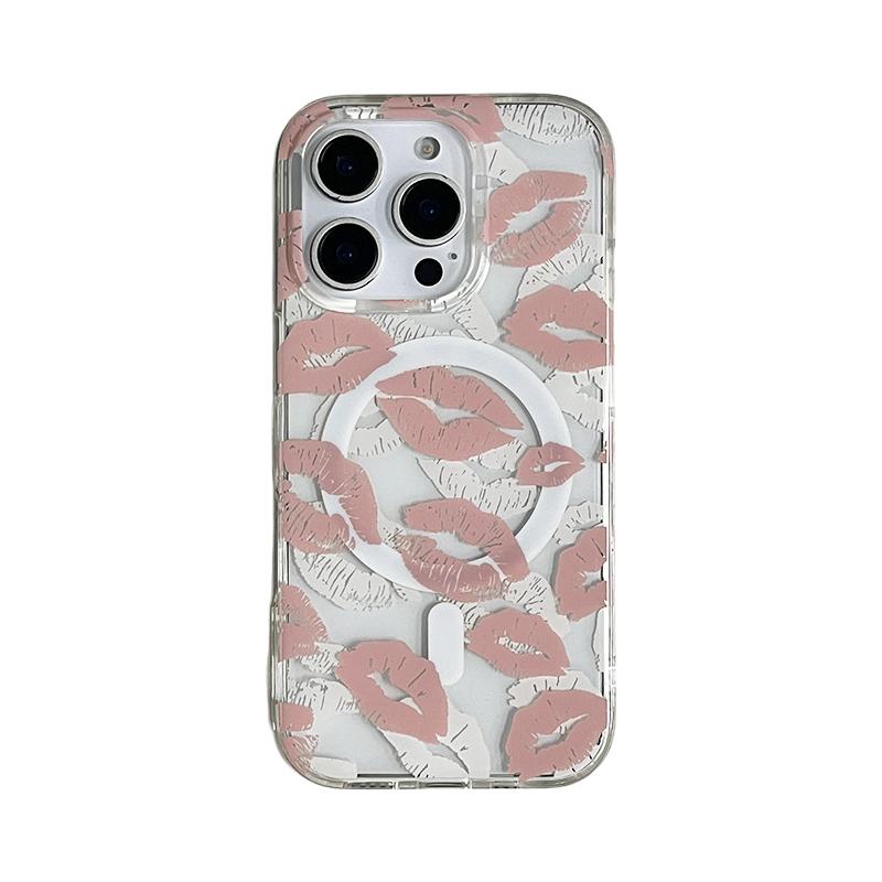 

Fashion Pink Lip Print Magnetic Wireless Charing Phone Case For iPhone 17 Air 16 15 14 13 Pro Max Clear TPU Back Cover iPhone 15 Pro