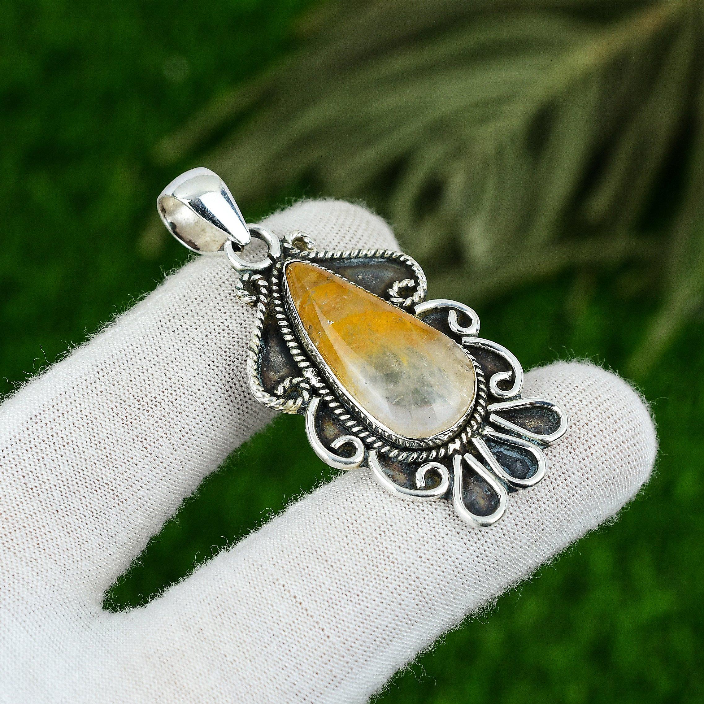 

Sterling Silver Pear Natural Golden Rutile Ethnic Daughter Unique New Pendant