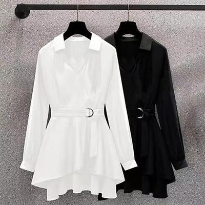Chemise Femme Grande Taille Col V Revers Manches Longues Ourlet Irrégulier Taille Ajustée Ceinture Réglable Pull Haut Vêtements Féminins