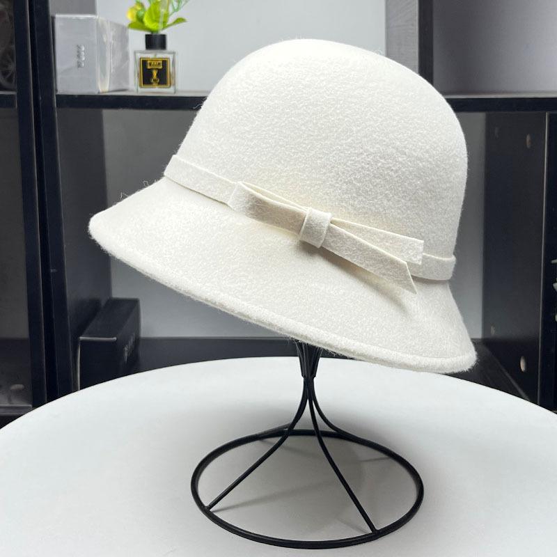Hepburn small fragrant wind wool styling basin hat women's autumn and winter simple and elegant bow bucket hat small brim hat
