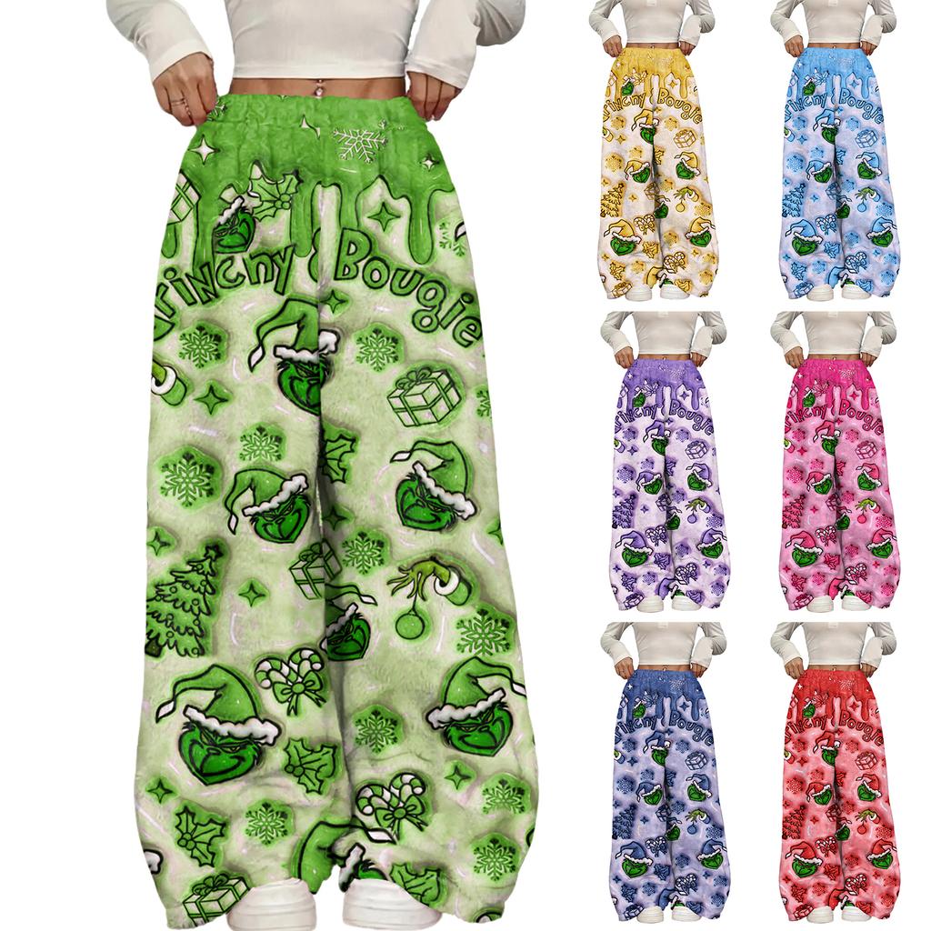 Women's Casual Christmas Print Elastic Waist Loose Fit With Plush Wide Leg Pants