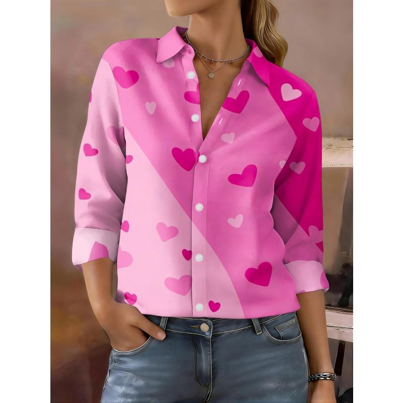 New Women's Casual Button-down Long-sleeved Shirt Pink Heart Pattern Lapel Button-down Shirt Top