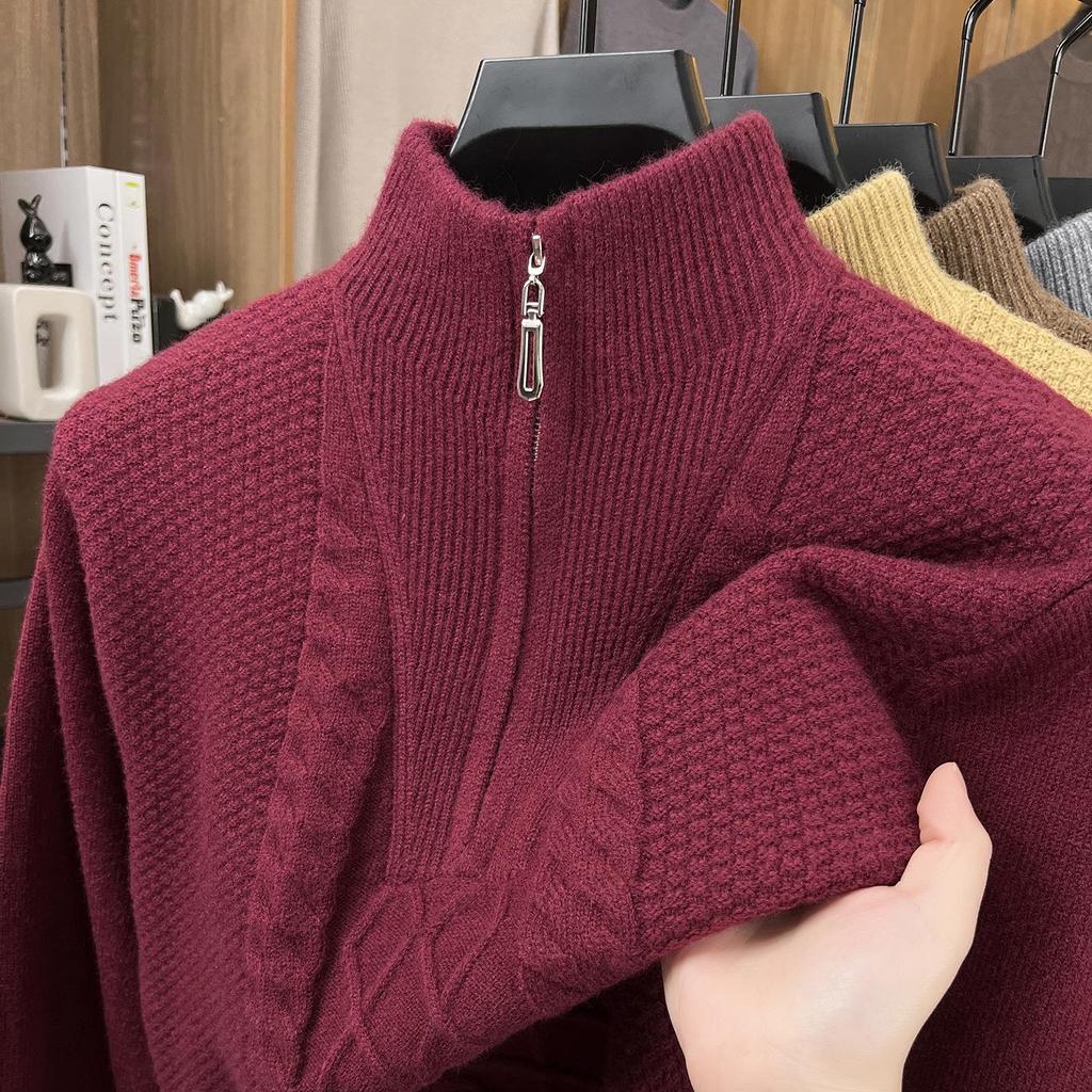 Zimní pletený svetr s půlzipem a vysokým límcem 2025 - Teplý jednobarevný svetr pro střední věk i mladé