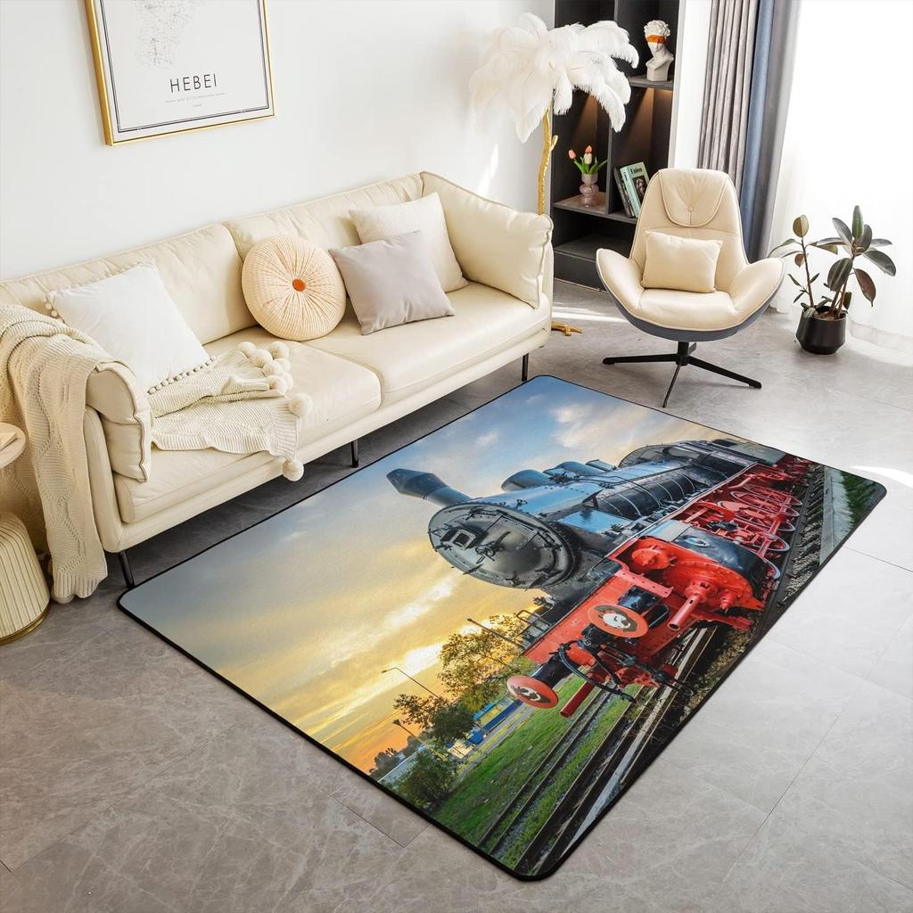 Zug Bereichsteppich für Mädchen Jungen Retro Dampfmaschine Teppich Eisenbahngleis Transport Fußmatte 3D Vintage Fahrzeuge Wohnzimmer Fußmatte