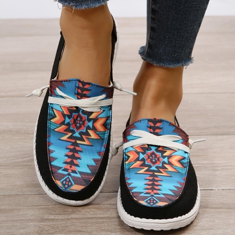 Women'S Black Geometric Slip-On Loafers - Casual Fabric Upper with Vibrant Teal, Orange Brown Pattern, Round Toe Design, Comfortable EVA Sole