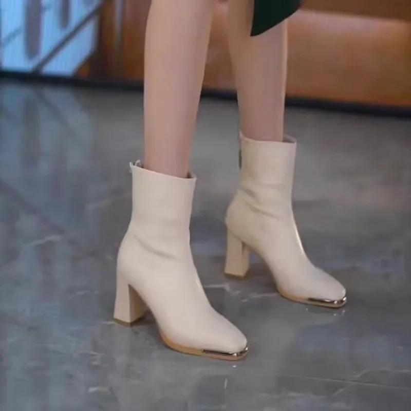 Women Ankle Boots Fashion Back Zippers Shoes Vintage Square Heels Autumn Winter Ladies Stretch Modern Booties 35-40