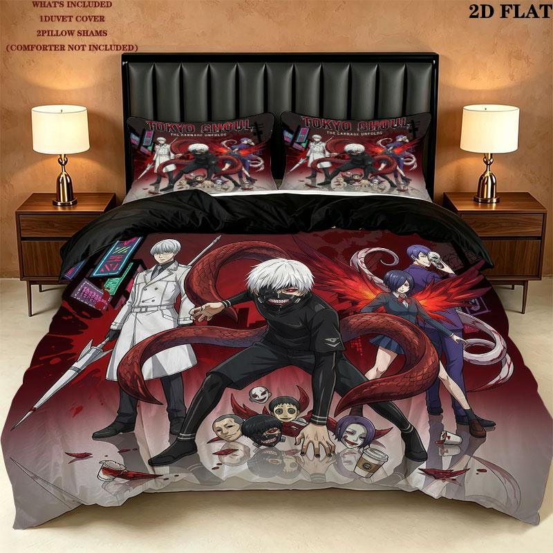 סט מצעים עם דוגמת Tokyo Ghoul, כיסוי שמיכה, ציפית לכרית, מתנת יום הולדת לבית(1 * כיסוי שמיכה + 2 * ציפות, ללא ליבה)