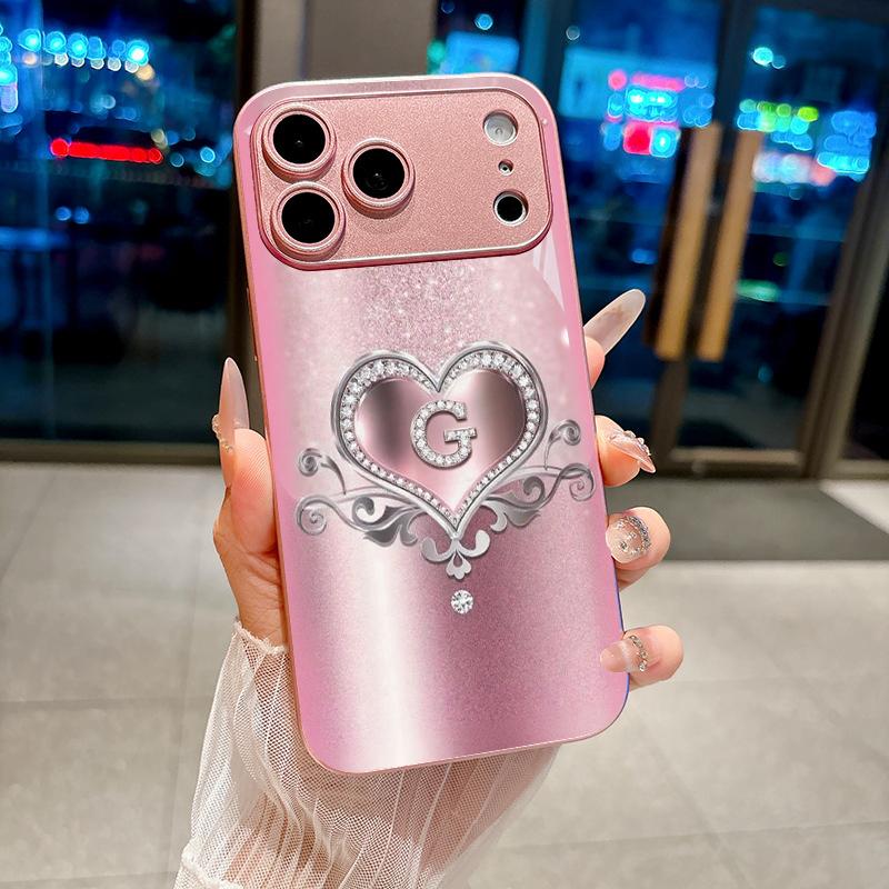 Sparkle Heart Monogram G Pink Metallic Glass Phone Case For iPhone 11 12 13 14 15 16 17 Pro Max Plus 17Air 16E 7 8 XsMax X Cover