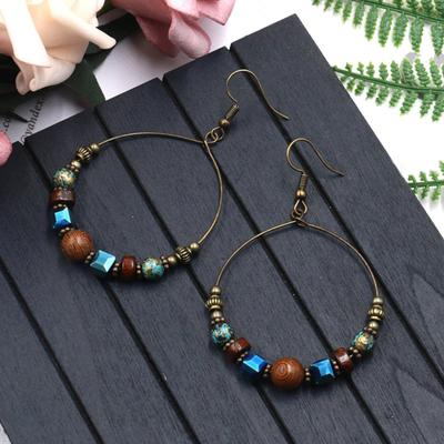 Bohemian Big Circle Wooden Beads Hook Earrings Women Ethnic Faux Turquoise Jewelry