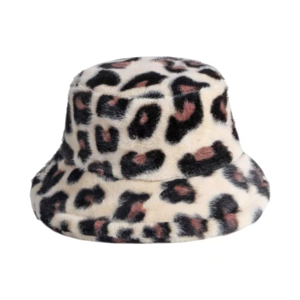 Leopard print bucket hat women's winter versatile warm face small plush basin hat plush foreign style hat