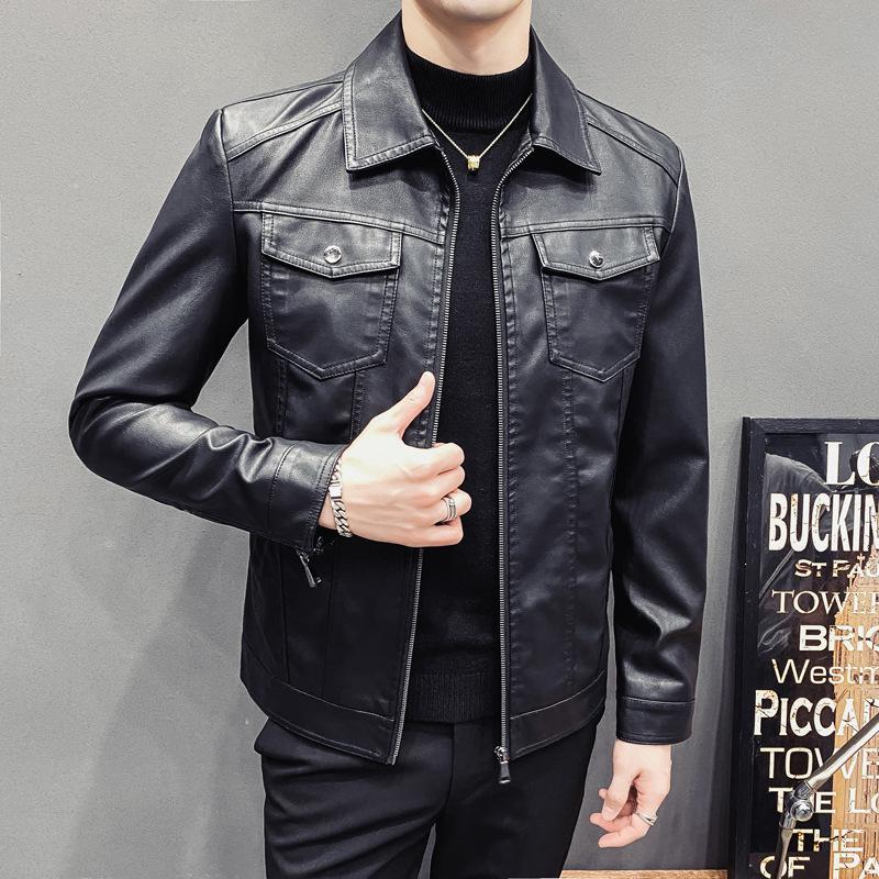Autumn and Winter New Men's Quilted Casual Leather Jacket Men's Motorcycle Jacket Slim Korean Style Lapel Men's PU Leather Jacket