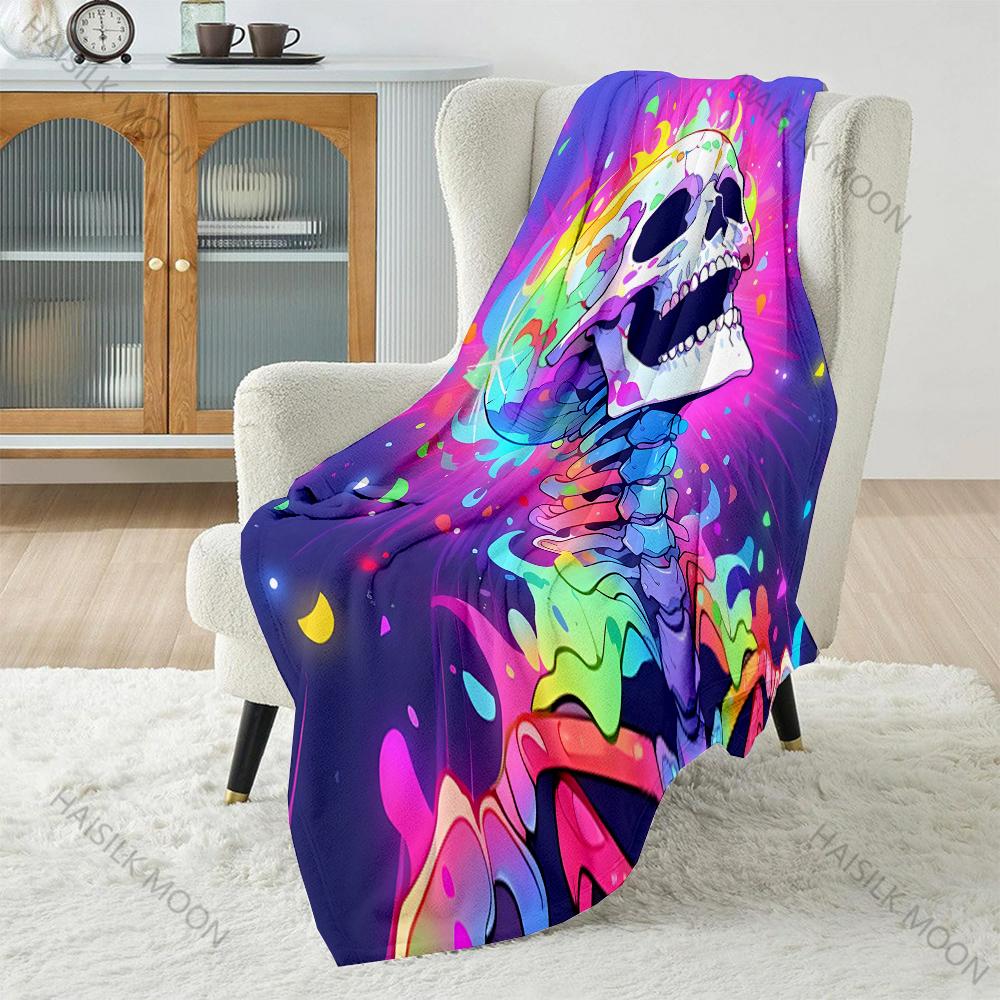 Multisize Neon Skull Art Blanket Warm Soft Fluffy Kids Adult Luxury Gifts for Sofa Bed Home Outdoor Travel Camping Blanket