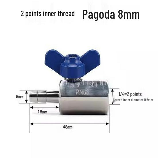 304 Stainless Steel Mini Ball Valve with Butterfly Handle, Internal/External Threads, High Pressure, 4-Way Pagoda Tube Connector.
