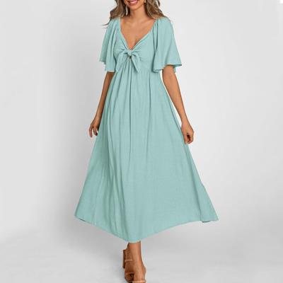 Women Dress V Neck Short Sleeve Loose Bow A-line Loose Pure Color Mid-calf Length Breathable Soft Beach Vacation Midi Dress