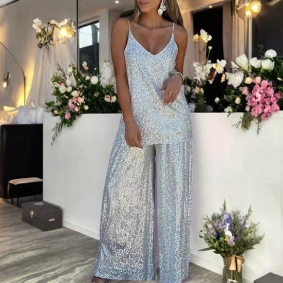 Women Sequin Two Piece Outfit Sleeveless Cami Scoop Neck Top Wide-leg Pants