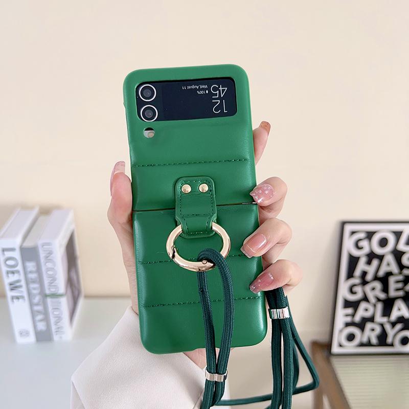 Down Jacket Air Cushion Ring Holder Shoulder Strap Lanyard PU Leather Phone Cover For Samsung Galaxy Z Flip 5 4 Z Flip 3 5 5G Case
