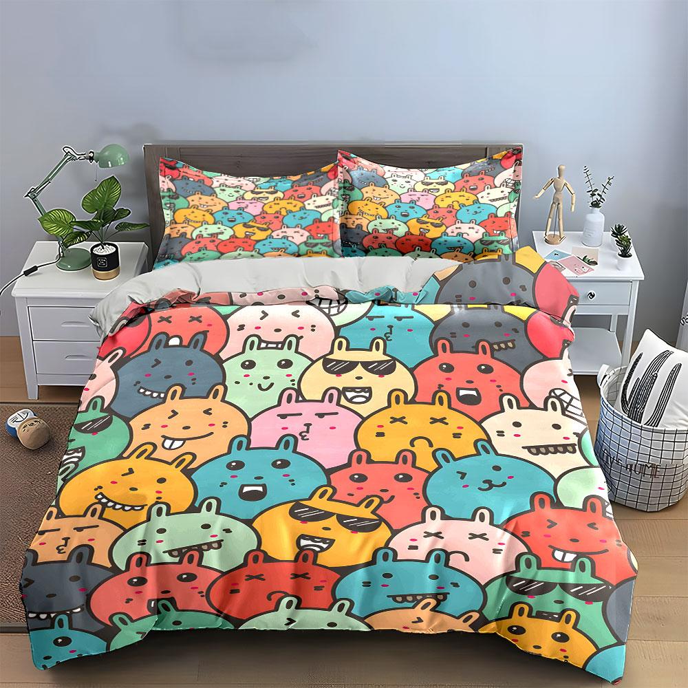 Colorful Cartoon Animal Faces Bedding Duvet Cover Set  (1*Duvet Cover 2*Pillowcases, without duvet insert)