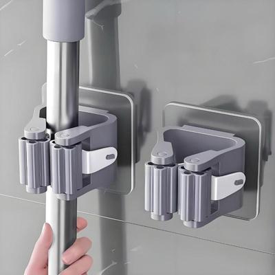 1/2/4 Modern Wall Mounted Mop and Broom Rack - No Drilling Required, Durable Plastic Storage Hooks