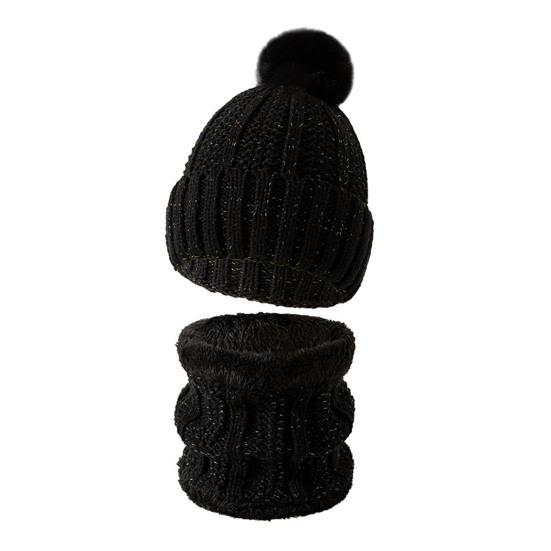 3Pcs/Set Winter Knitted Scarf Gloves Set Pom Pom Ball Fleece Lining Brimless Hat Touchscreen Gloves Neck Warmer Set
