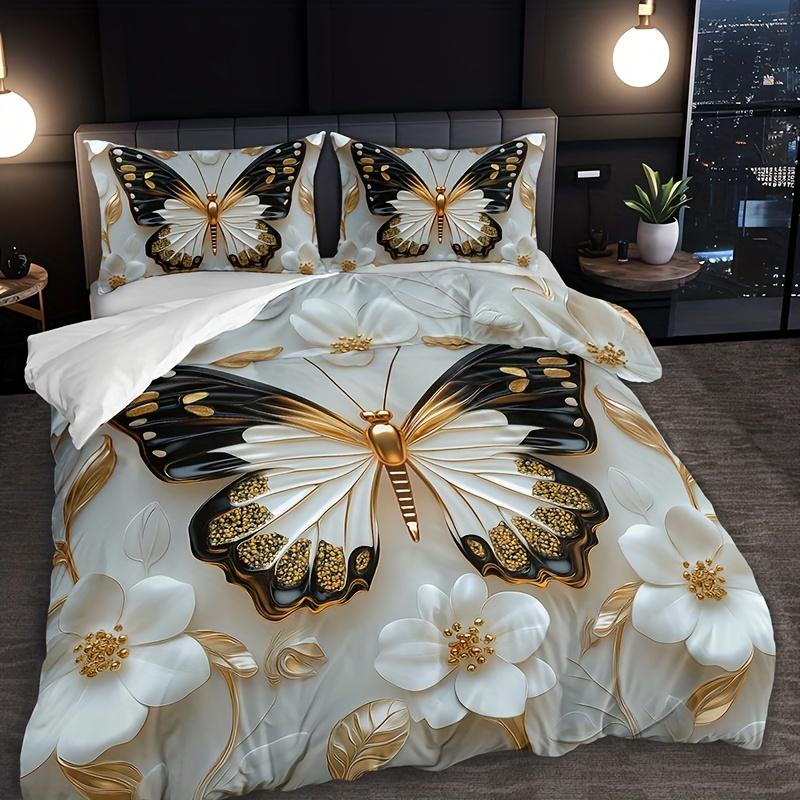 3Pcs Butterfly Embossed 3D Flower Duvet Cover Set, HD Printing Soft Bedding with Pillowcases for Home Dorm Decor