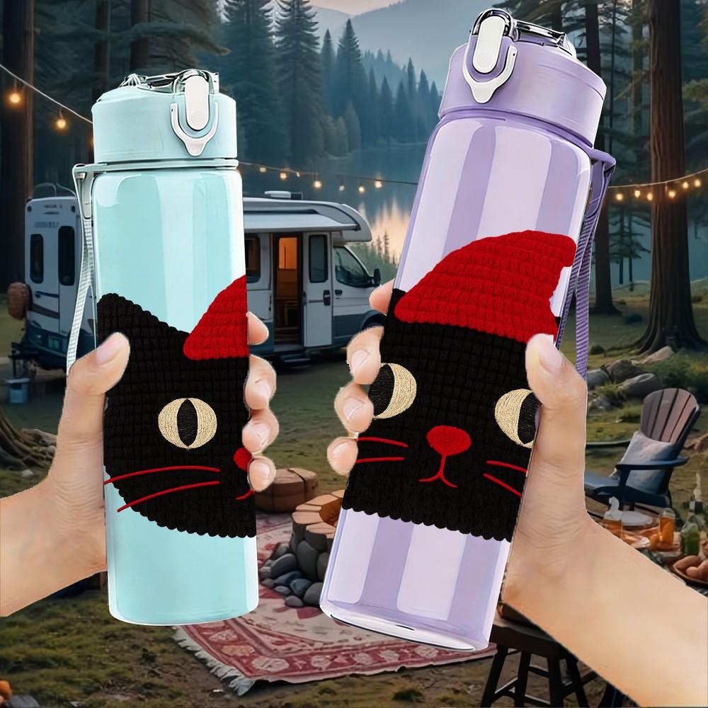 1PC Santa Hat Black Cat 750ml Color Plastic Sports Water Bottle Leakproof Flip Straw Lid Suitable for Sports Office Home Use