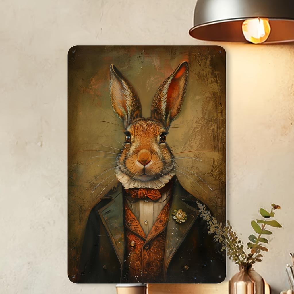 Elegant Gentleman Rabbit Vintage Metal Tin Sign: A Whimsical Wall Art Decoration for Dining Room, Home, Forest, or Garden Walls
