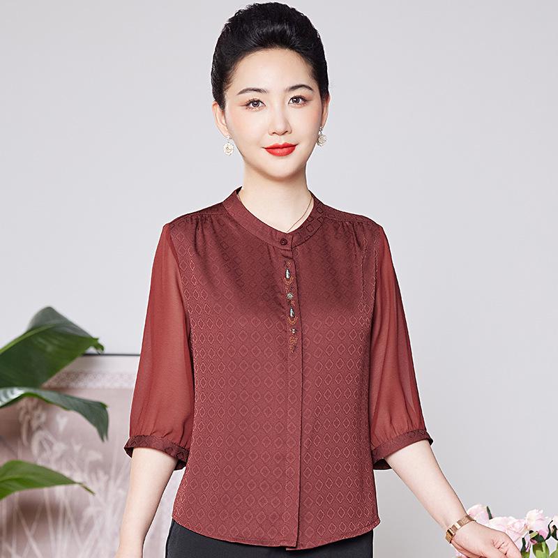 

Stylish Mulberry Silk Printed Blouse for Middle-aged and Elderly Women - 2026 Three-quarter Sleeve Top XL (100-110 jin) червоний