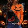 Women's Round Neck Long Sleeve Top with Halloween Print and Side Slit for Fall Festive Occasions