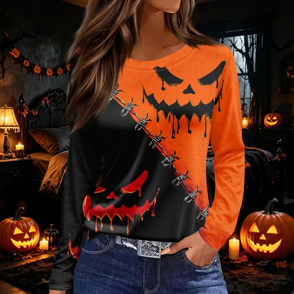Women's Round Neck Long Sleeve Top with Halloween Print and Side Slit for Fall Festive Occasions