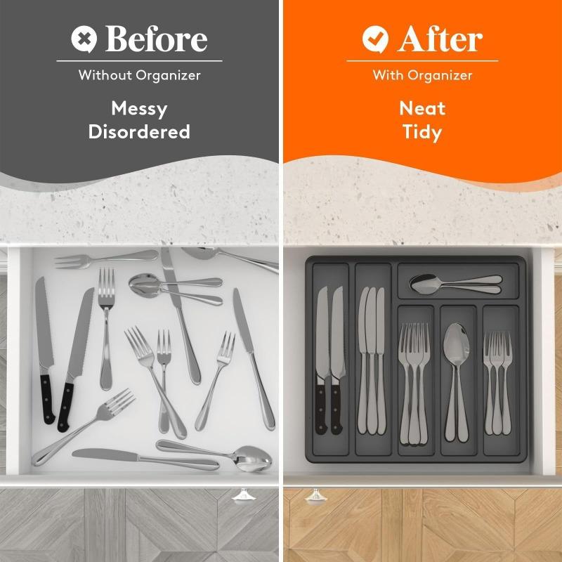 6-Grids Drawer Organiser with Lid, Plastic Small Cutlery Tray for Kitchen Drawer