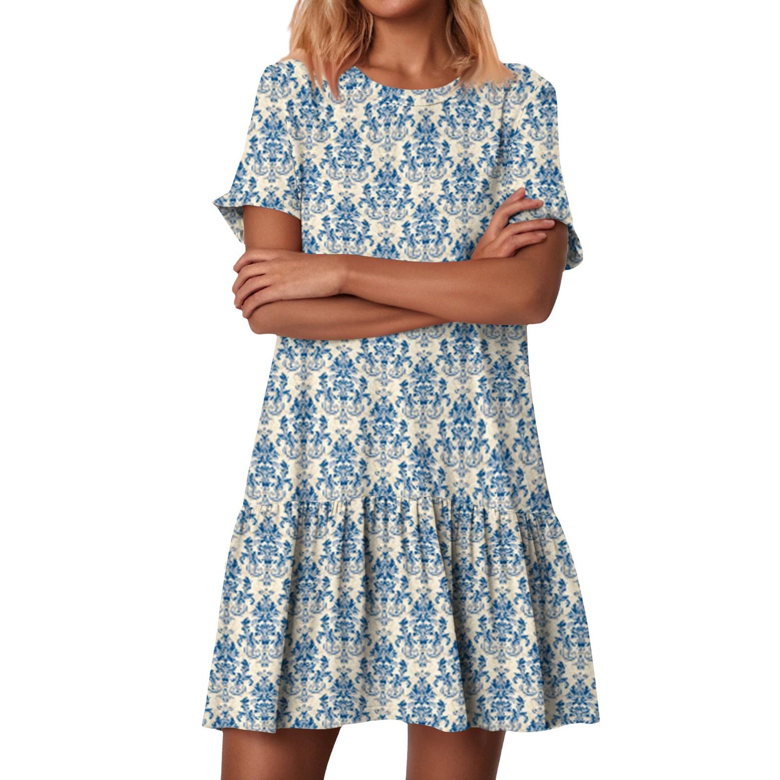 

Женские модные повседневные платья с круглым вырезом и коротким рукавом с оборками и винтажным принтом S