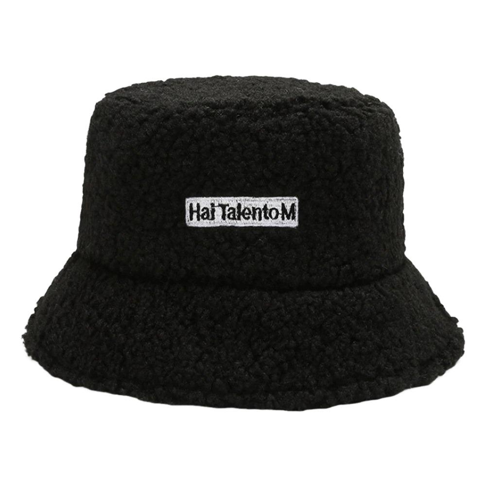 Fashion Lambswool Bucket Hats Letter Embroidered Thick Warm Panama Fisherman Cap Sun Protection Sun Visor Cap Winter Outdoor чёрный