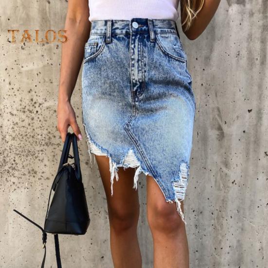 Women Summer Denim Skirt High Waist Button Zipper Fly Mini Skirt Ripped Holes Irregular Hem Hip Wrapped Skirt Streetwear