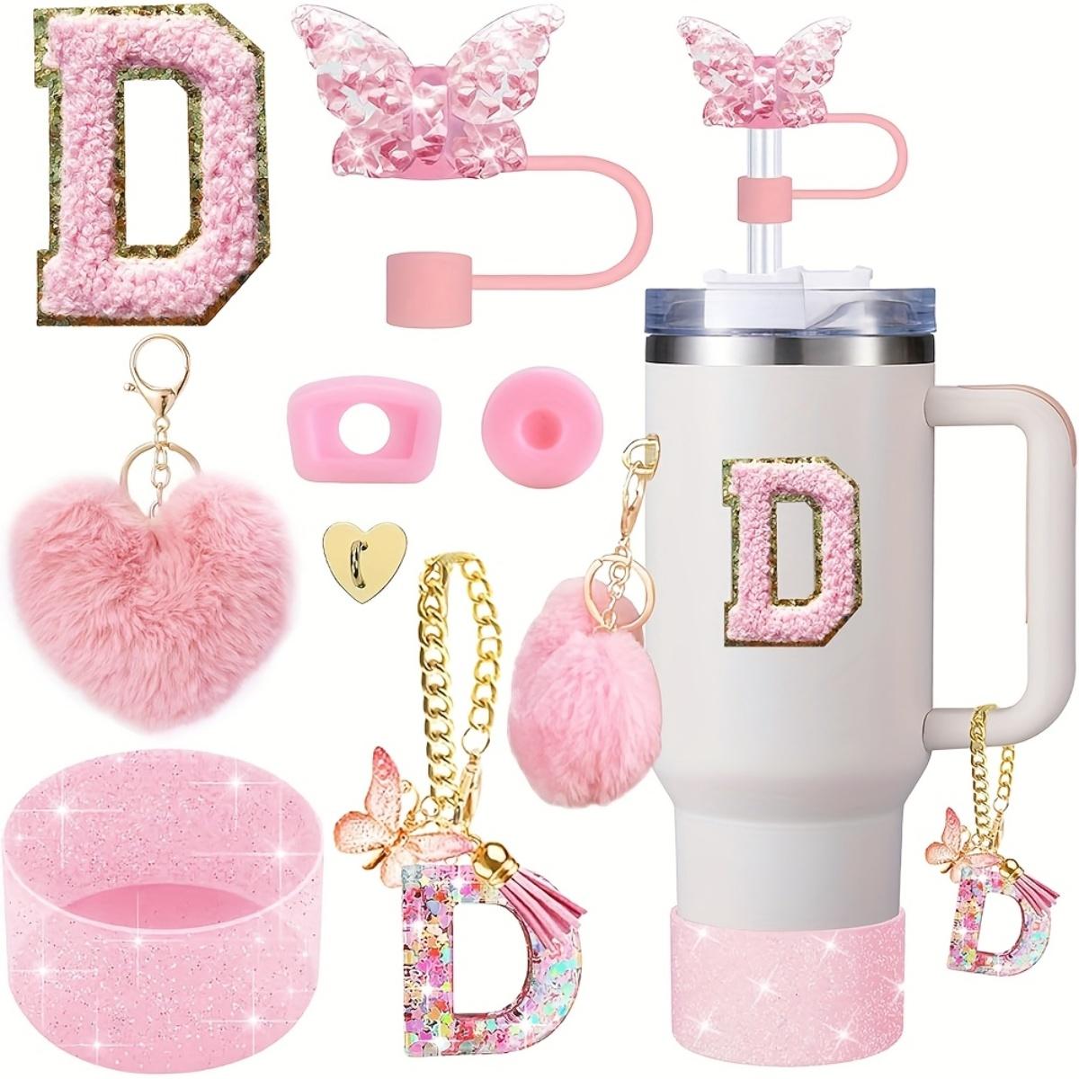 

8pcs Cup Accessories for Cup 30oz 40oz Includes Butterfly Straw Cover Cap Silicone Boot Alphabet Handle Charm Initials Sticker D