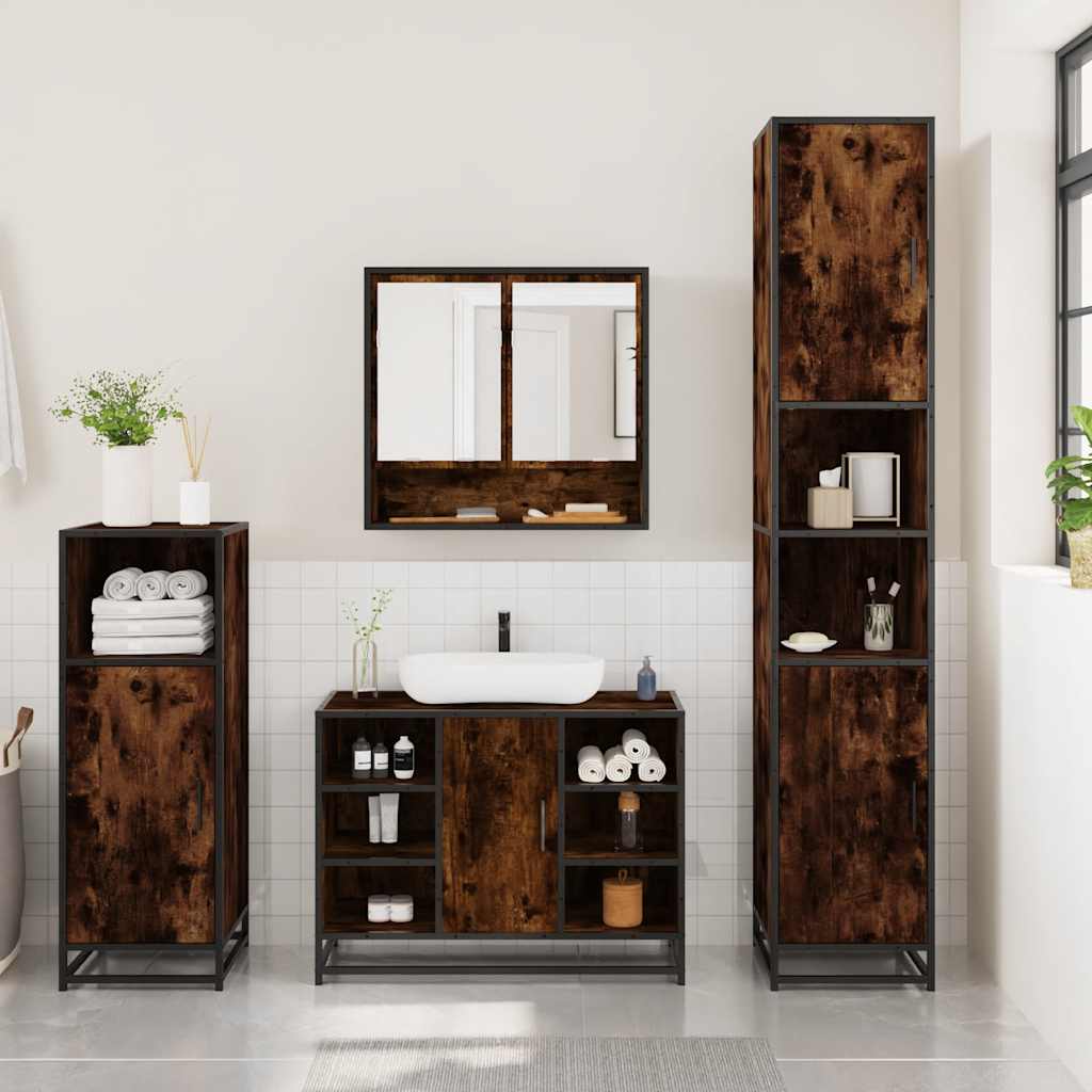 3 Piece Bathroom Furniture Set Smoked Oak Wood Based Panel