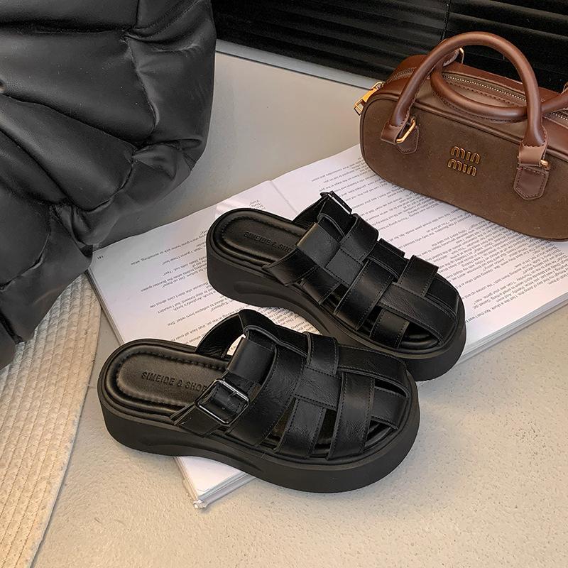 

2025 summer new hollow woven cool slippers with thick soles within 8 cm to increase the height of women s shoes bag head half slippers women s outer w 35 чёрный