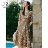 Jiuzi Anna Kou Elegant Temperament Ethnic Style Printed Waist Cinched Dress Tea Rest Dress Women's 2025 Summer New Style