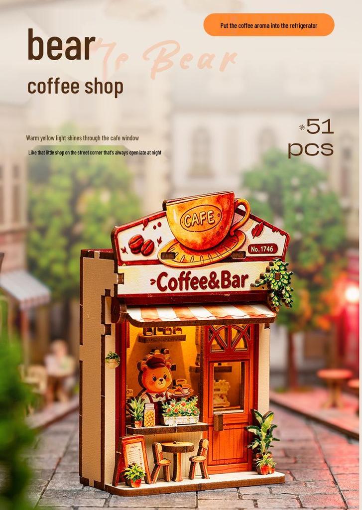 Yemori Monogatari Little Bear Coffee Shop DIY Miniature Wooden Model Kit