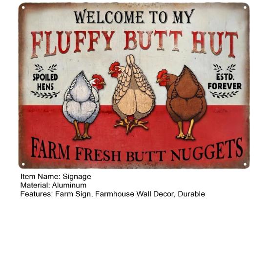 Fluffy Butt Hut Farm Sign, Vintage Chicken Coop Metal Sign, Weatherproof Rustic Wall Art, for Barn Kitchen Backyard Farmhouse Decor
