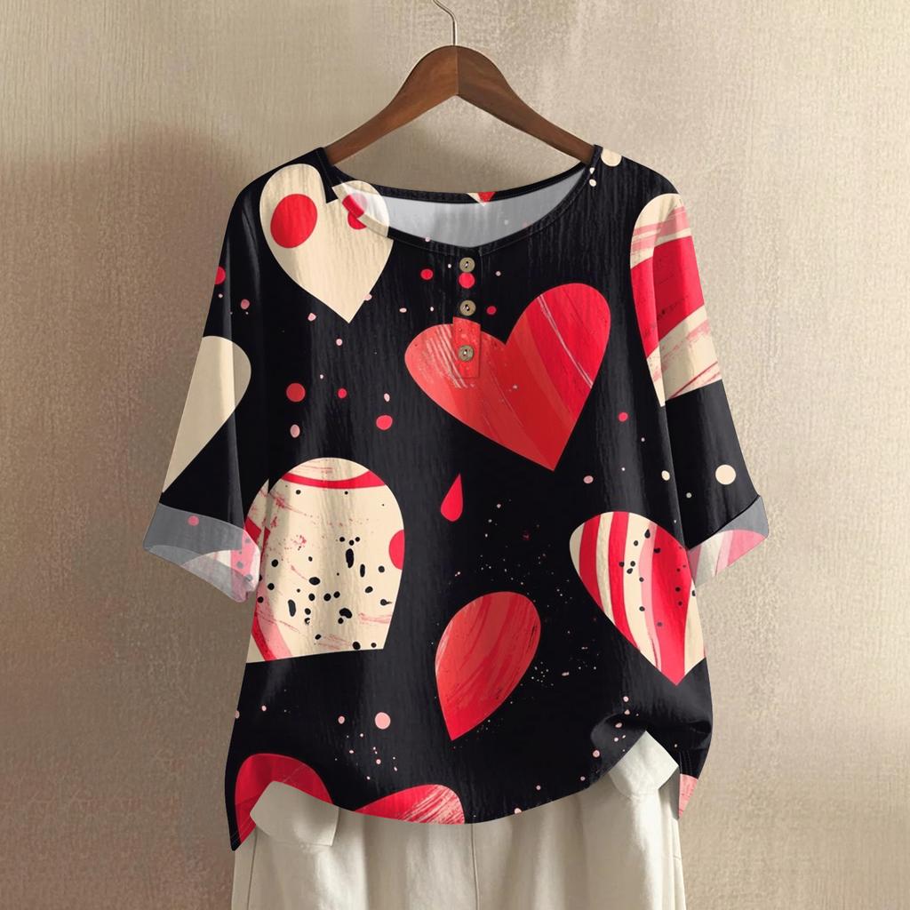 Damska casualowa i wygodna bawełniano-lniana bluzka z okrągłym dekoltem, średniej długości, z modnym nadrukiem