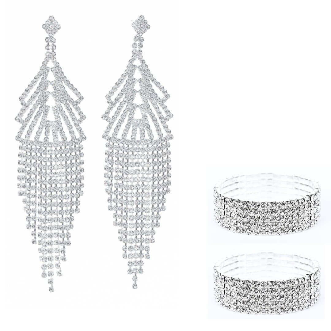 

Bracelet Set Earrings Fitness Tassel Lightweight Large Long Japan Recital Crystal Sparkling Wedding Bridal Marriage Competition Rhinestone Swaying срібний