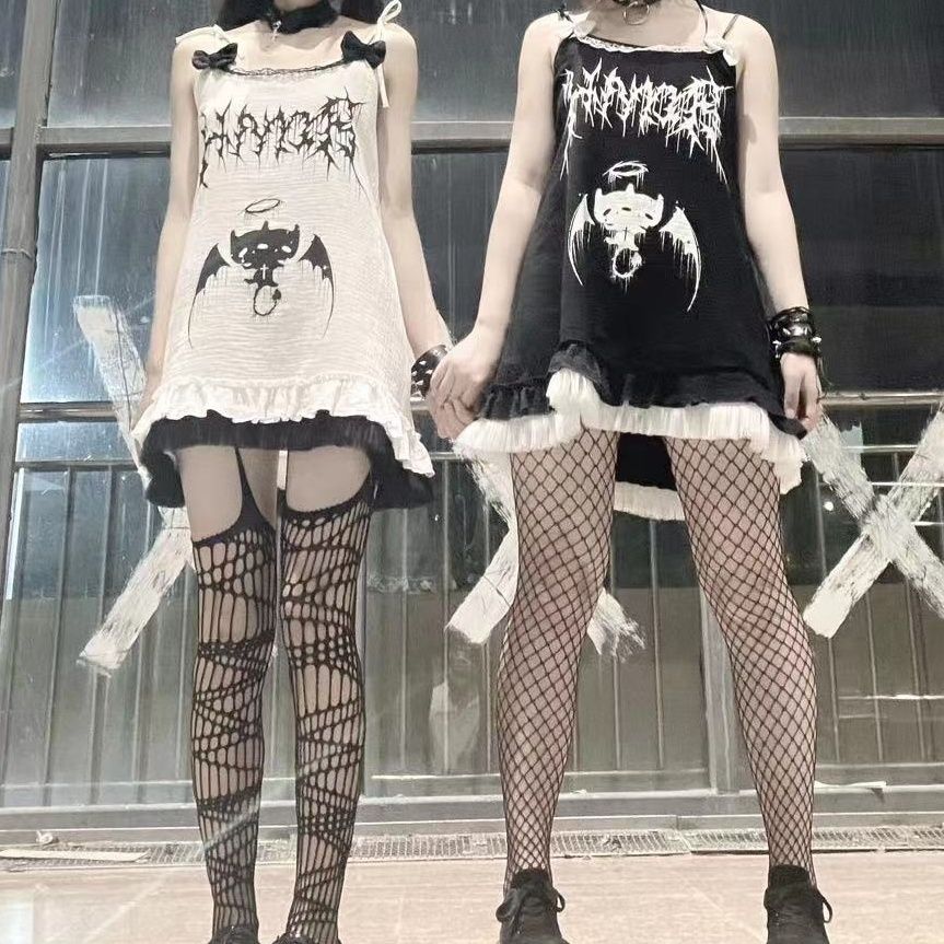 

Платье-майка без рукавов в стиле готического панка, женские платья в стиле феи в стиле гранж с принтом Y2k, сексуальный халат в стиле Харадзюку, уличная одежда, черные платья L белый